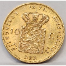 NETHERLANDS 1875 . TEN 10 GULDEN . GOLD COIN